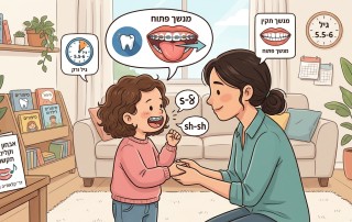ילדה עם קשתיות יישור שיניים משוחחת עם מבוגרת, לצד המחשה של מנשך פתוח לעומת מנשך תקין