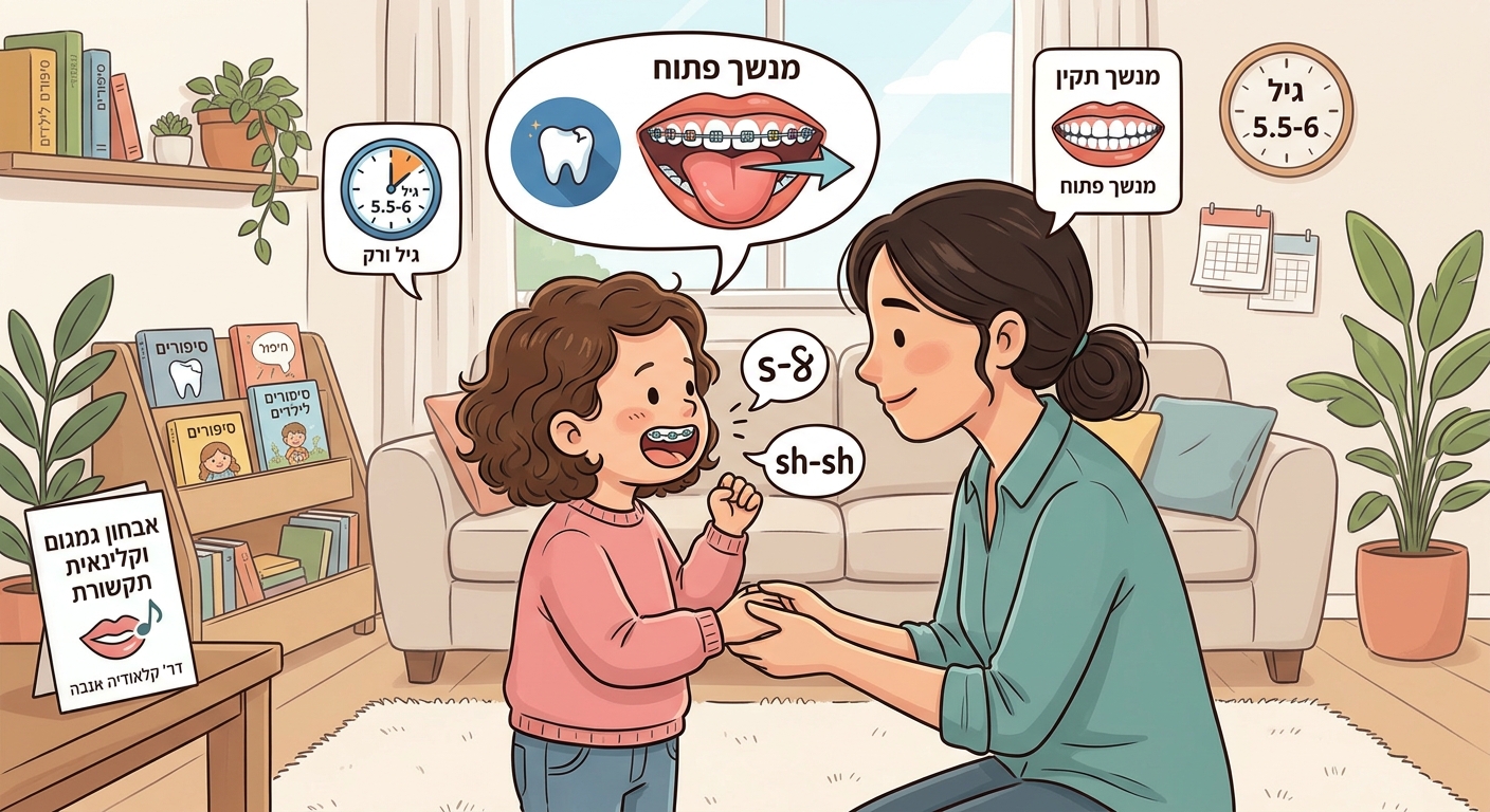 ילדה עם קשתיות יישור שיניים משוחחת עם מבוגרת, לצד המחשה של מנשך פתוח לעומת מנשך תקין
