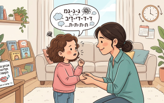 ילדה בגיל הגן מגמגמת בזמן דיבור ומבוגרת מקשיבה לה בסבלנות בגובה העיניים