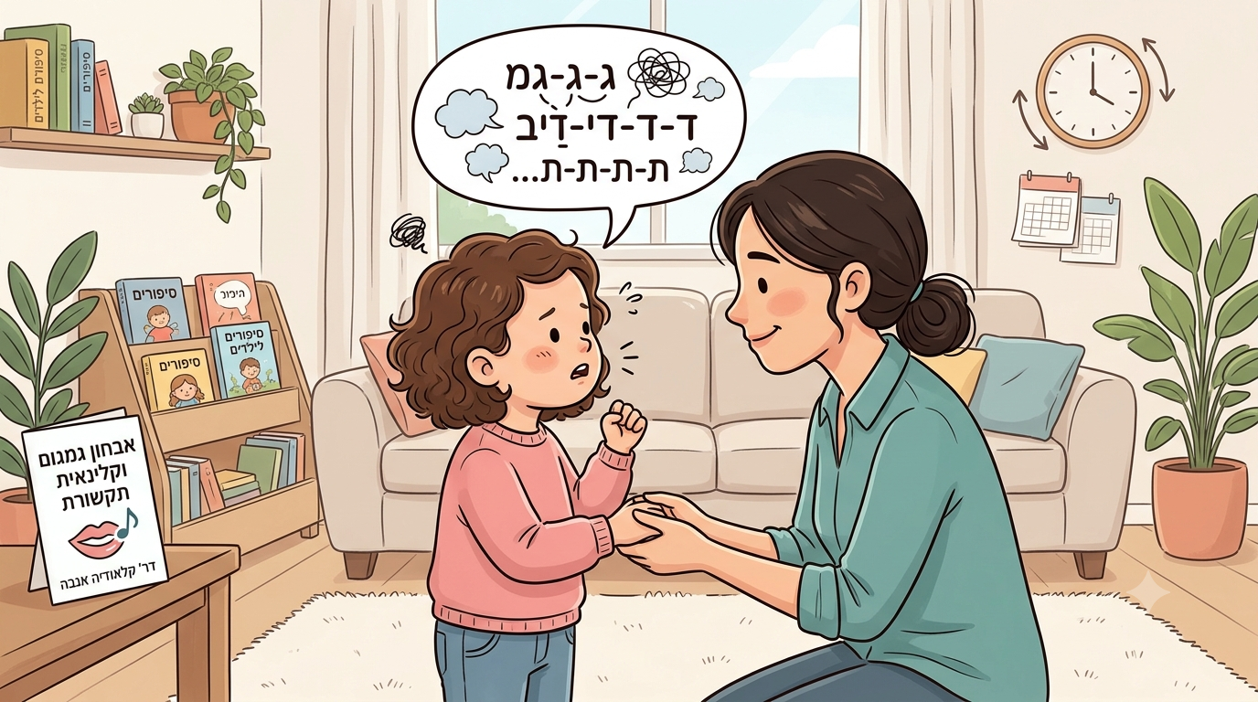 ילדה בגיל הגן מגמגמת בזמן דיבור ומבוגרת מקשיבה לה בסבלנות בגובה העיניים